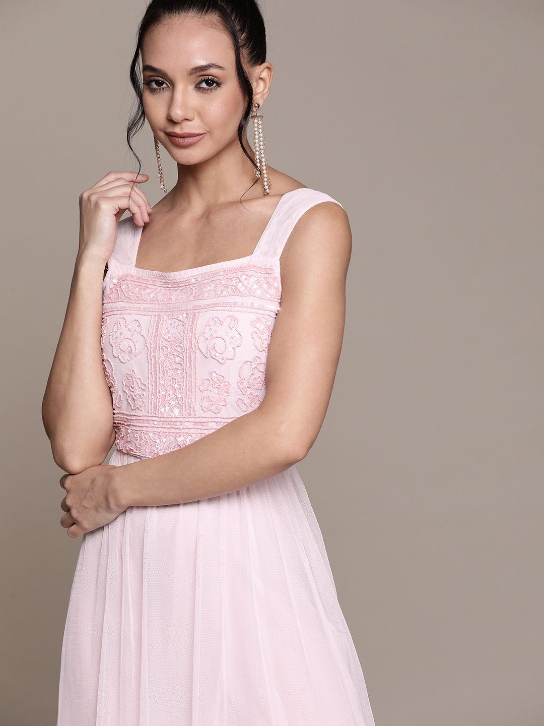 antheaa pink embellished net tiered maxi dress