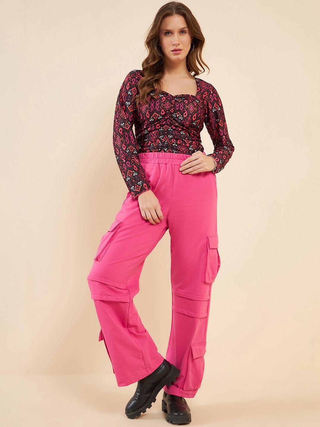 antheaa pink ethnic motifs printed top with cargo