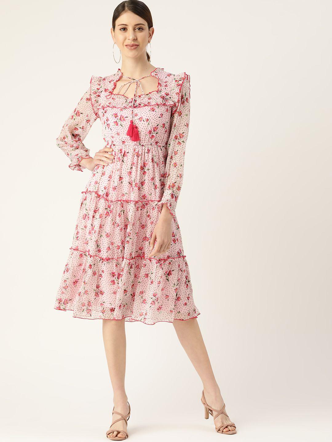 antheaa pink floral print tiered a-line dress