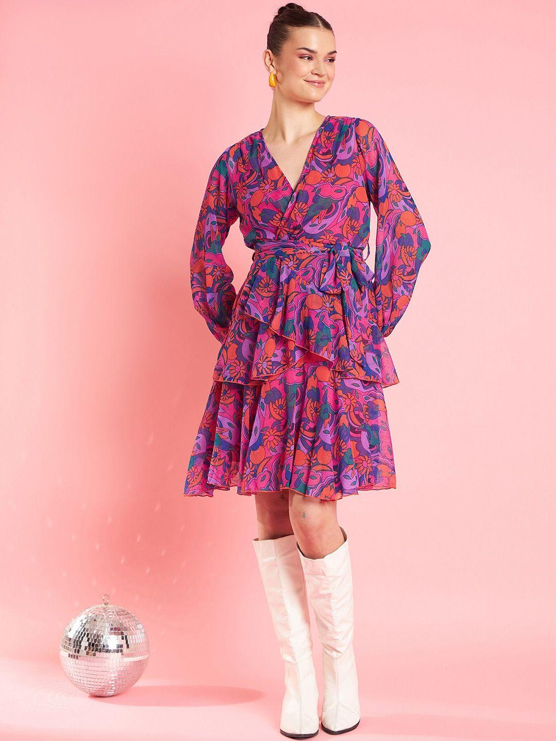 antheaa pink floral printed v-neck bishop sleeves layered fit & flare party dress