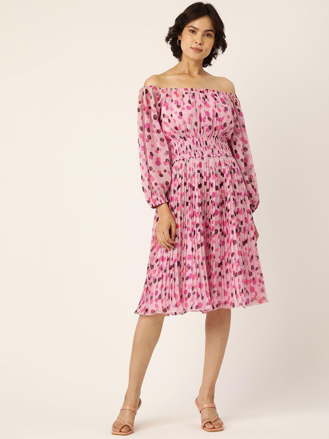 antheaa pink off-shoulder chiffon a-line midi dress