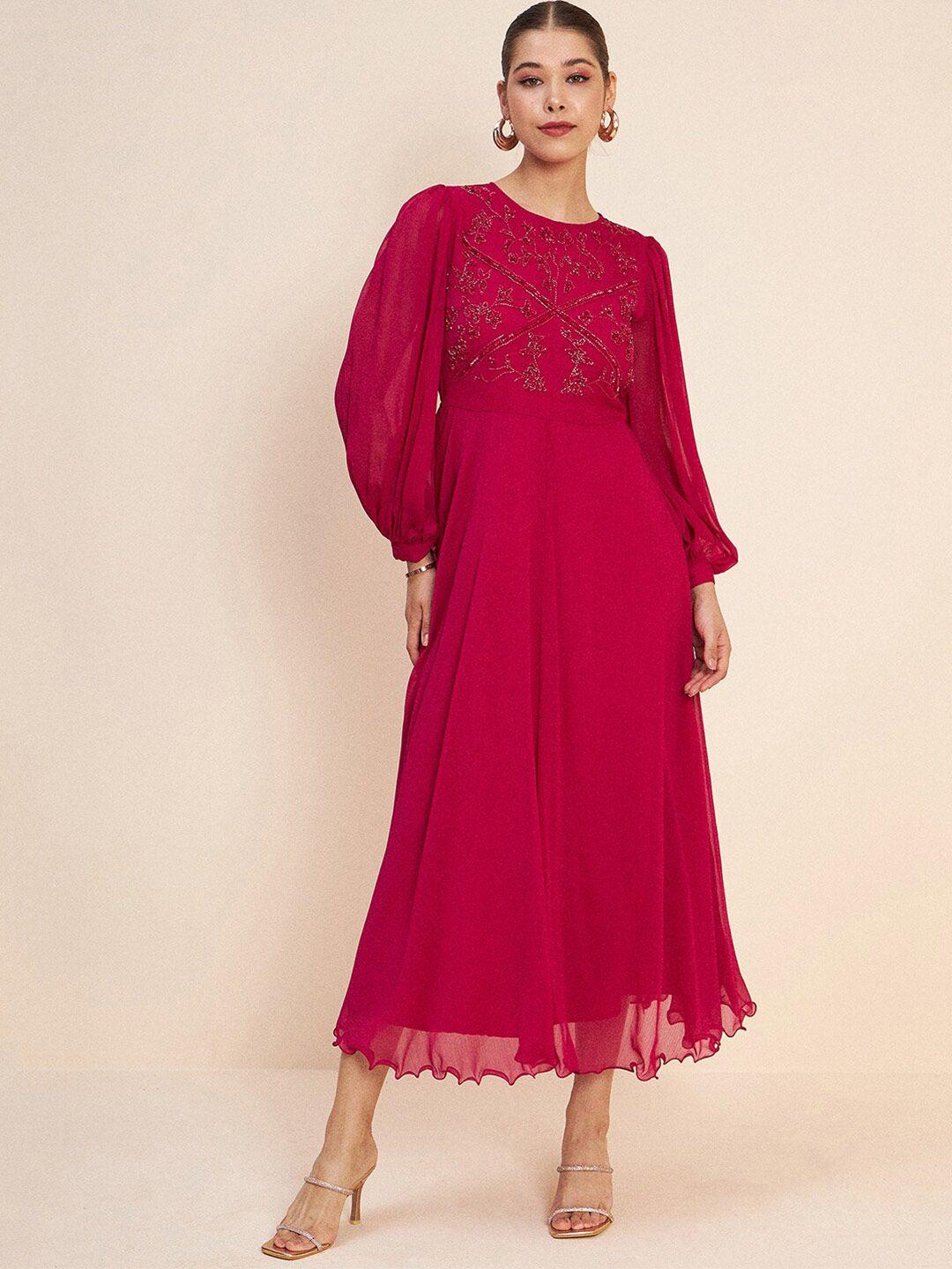 antheaa pink puff sleeve embellished detail fit & flare dress