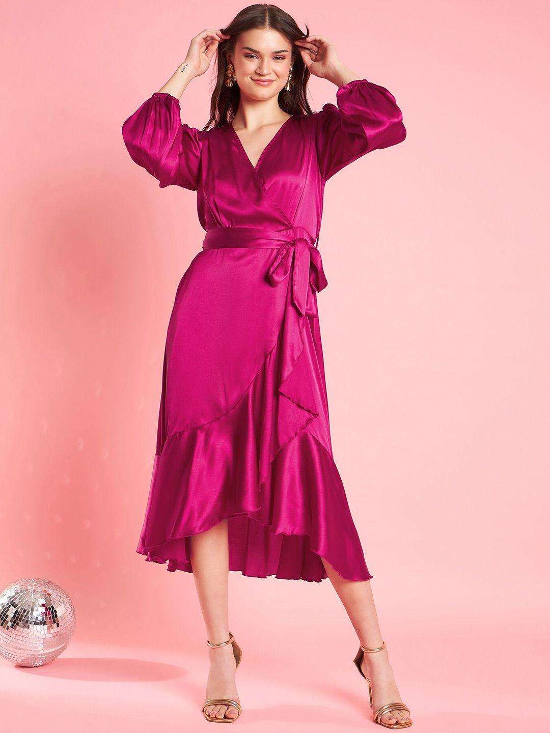 antheaa pink puff sleeve layered satin wrap midi opaque party dress