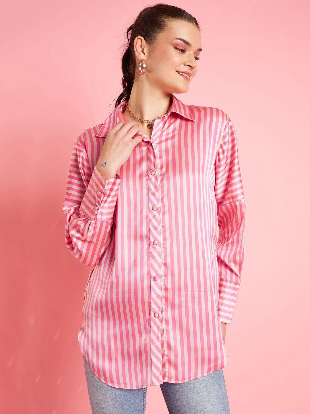antheaa pink vertical stripes long sleeves satin shirt style top