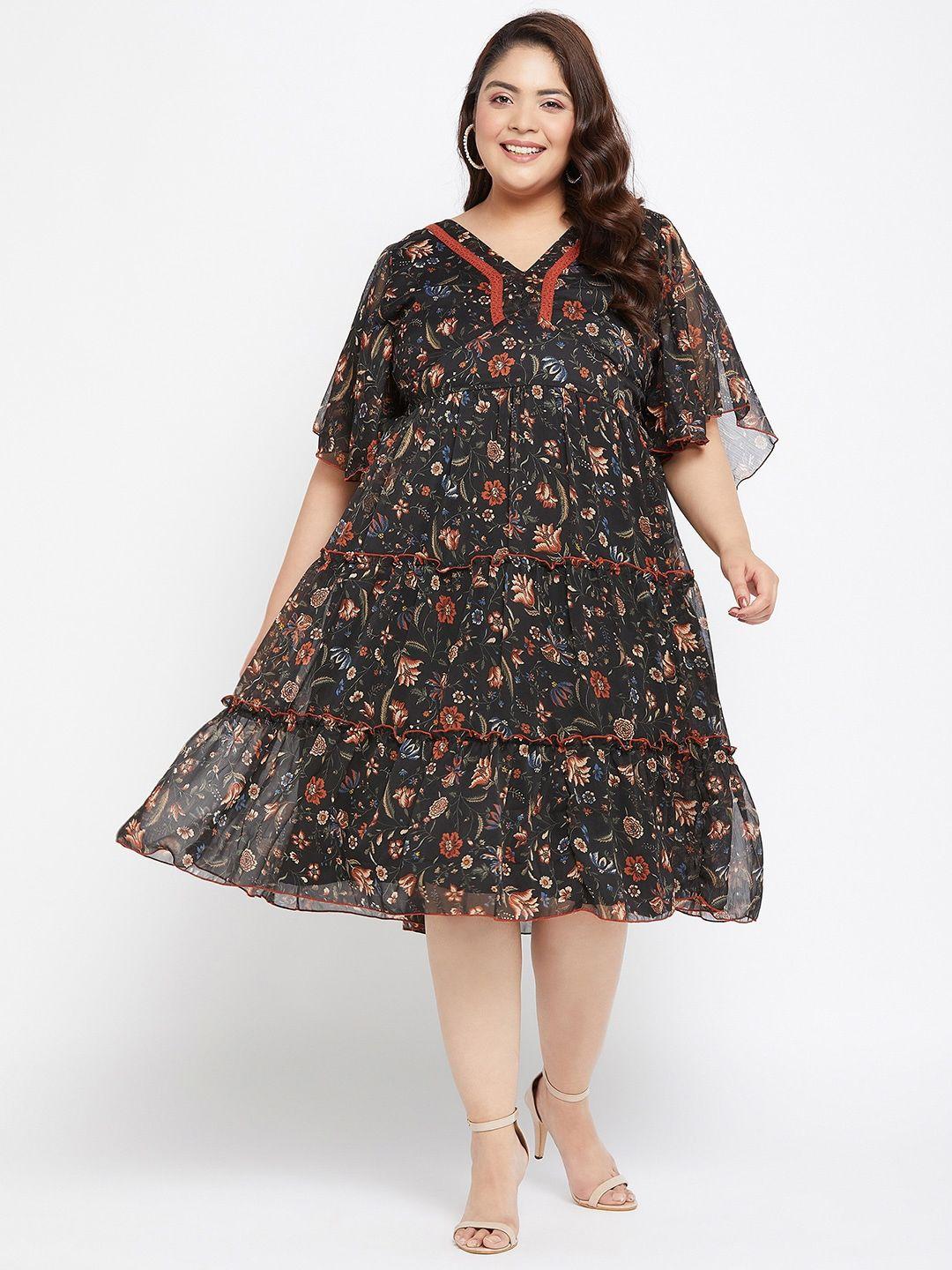 antheaa plus size floral printed flared sleeves tiered a-line dress
