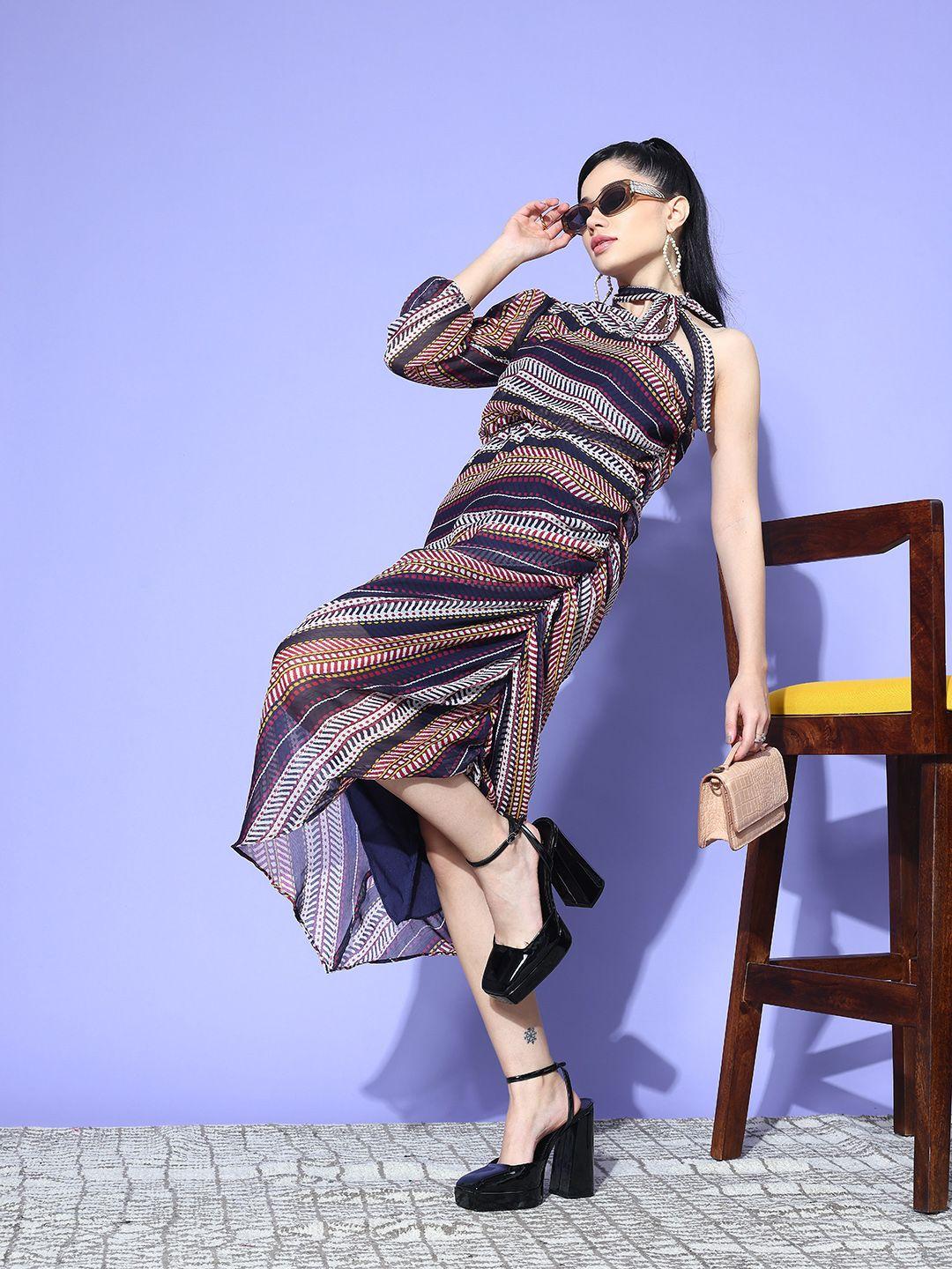 antheaa printed one shoulder puff sleeve chiffon a-line midi dress