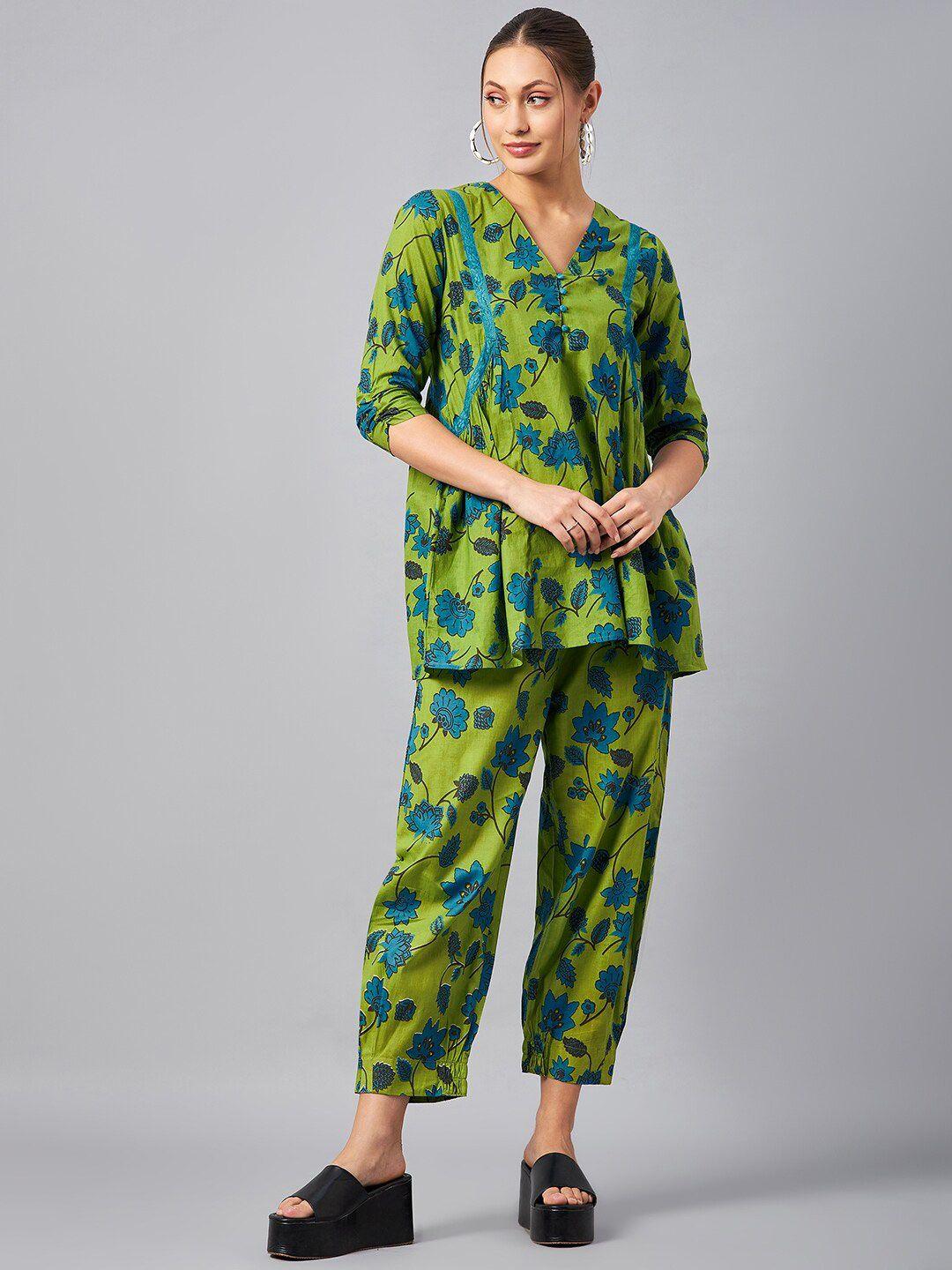 antheaa printed pure cotton tunic and trousers co-ords
