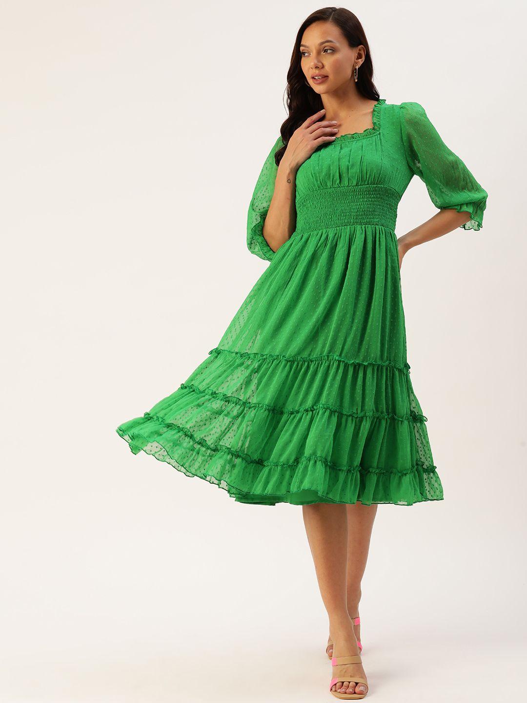 antheaa puff sleeve chiffon smocked a-line midi dress