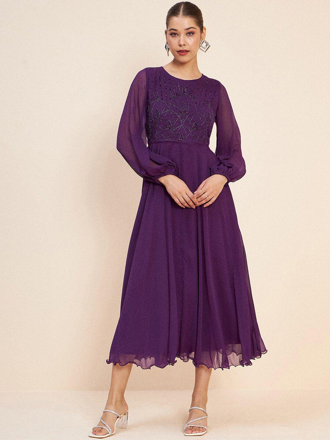 antheaa purple embellished puff sleeves gathered fit & flare midi dress