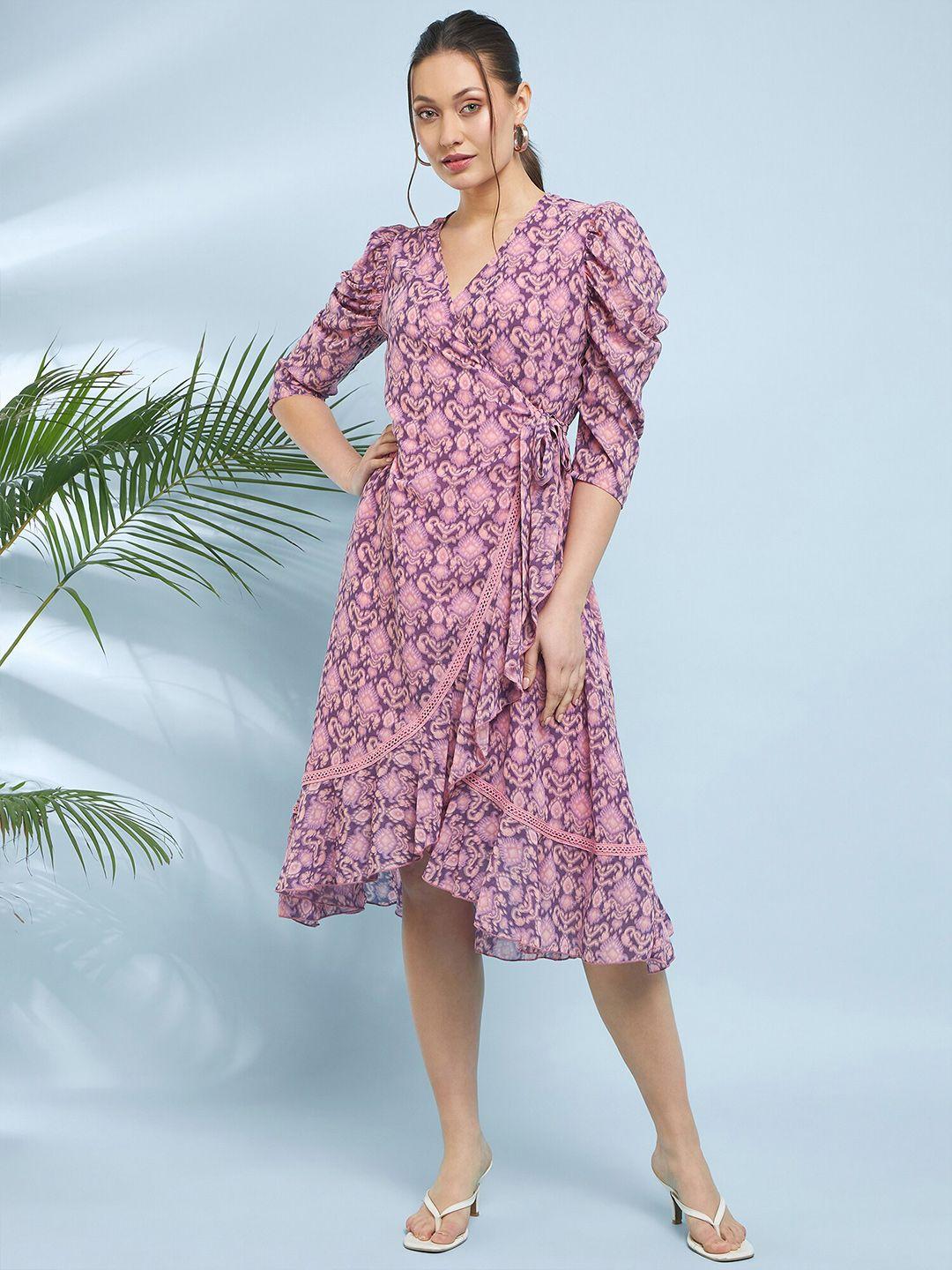 antheaa purple ethnic motifs printed flared wrap dress