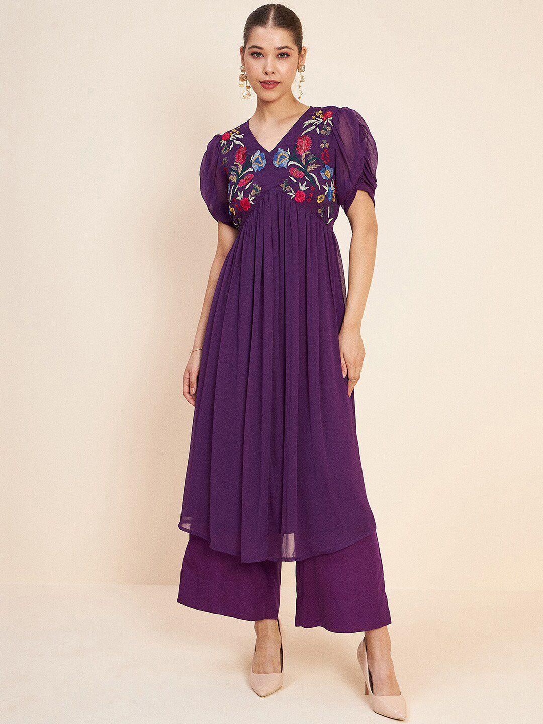 antheaa purple floral embroidered empire a-line kurta with palazzo