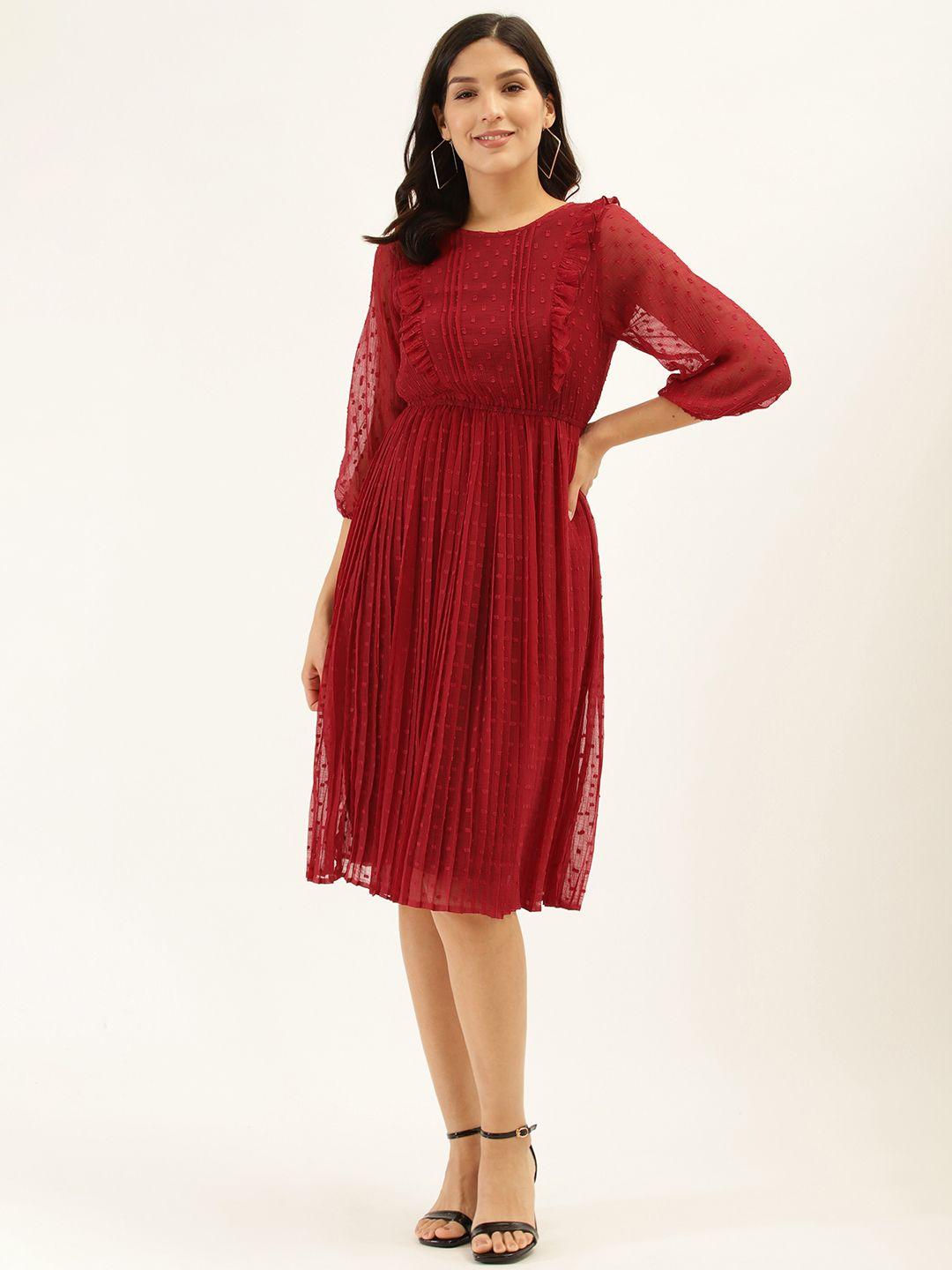 antheaa red accordion dobby weave pleated fit and flare dress