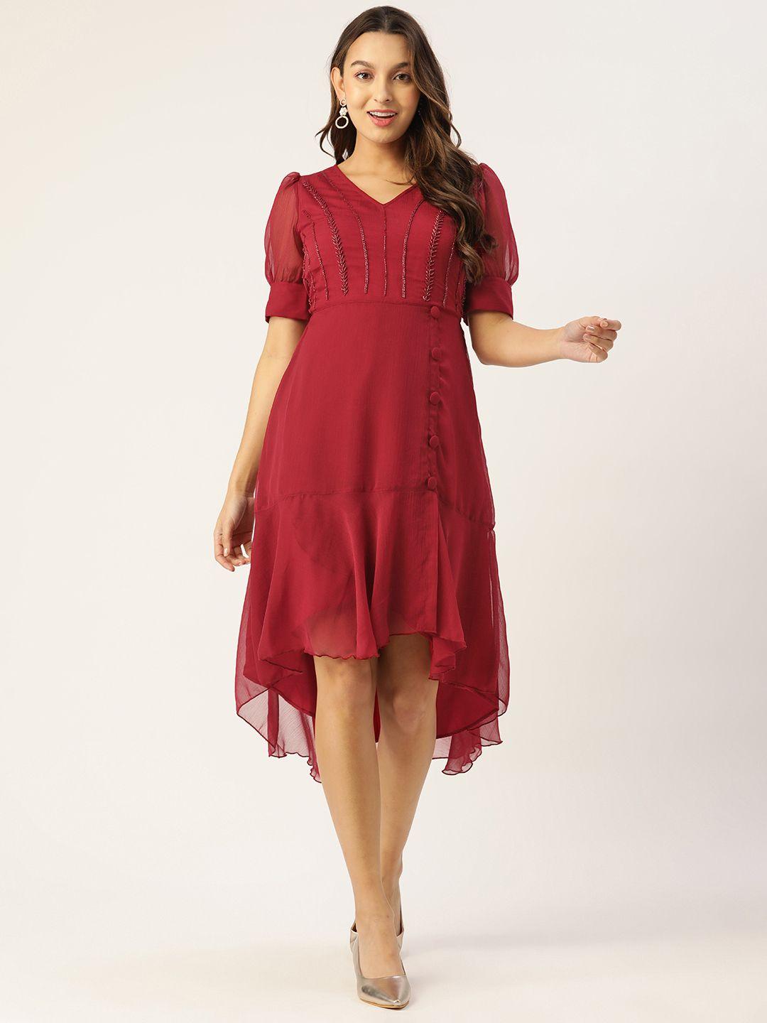 antheaa red embellished chiffon a-line dress