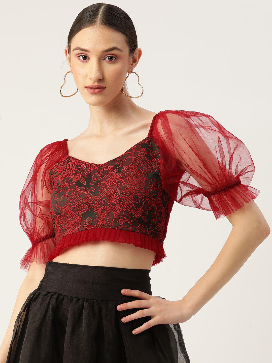 antheaa red floral jacquard smocked crop top