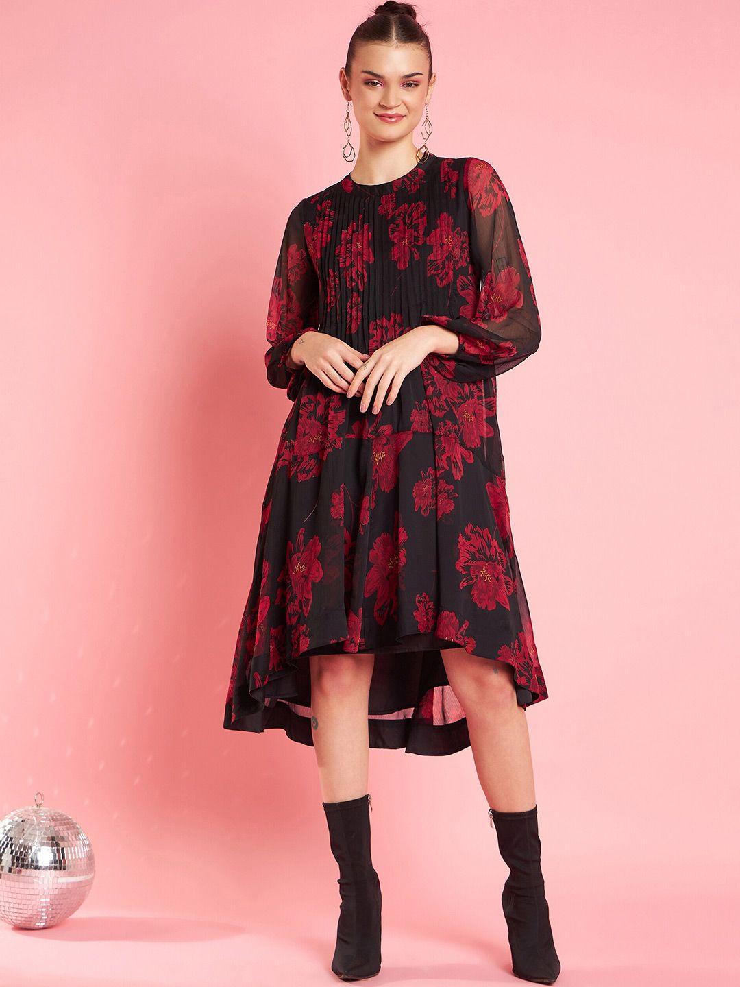 antheaa red floral print chiffon fit & flare midi dress