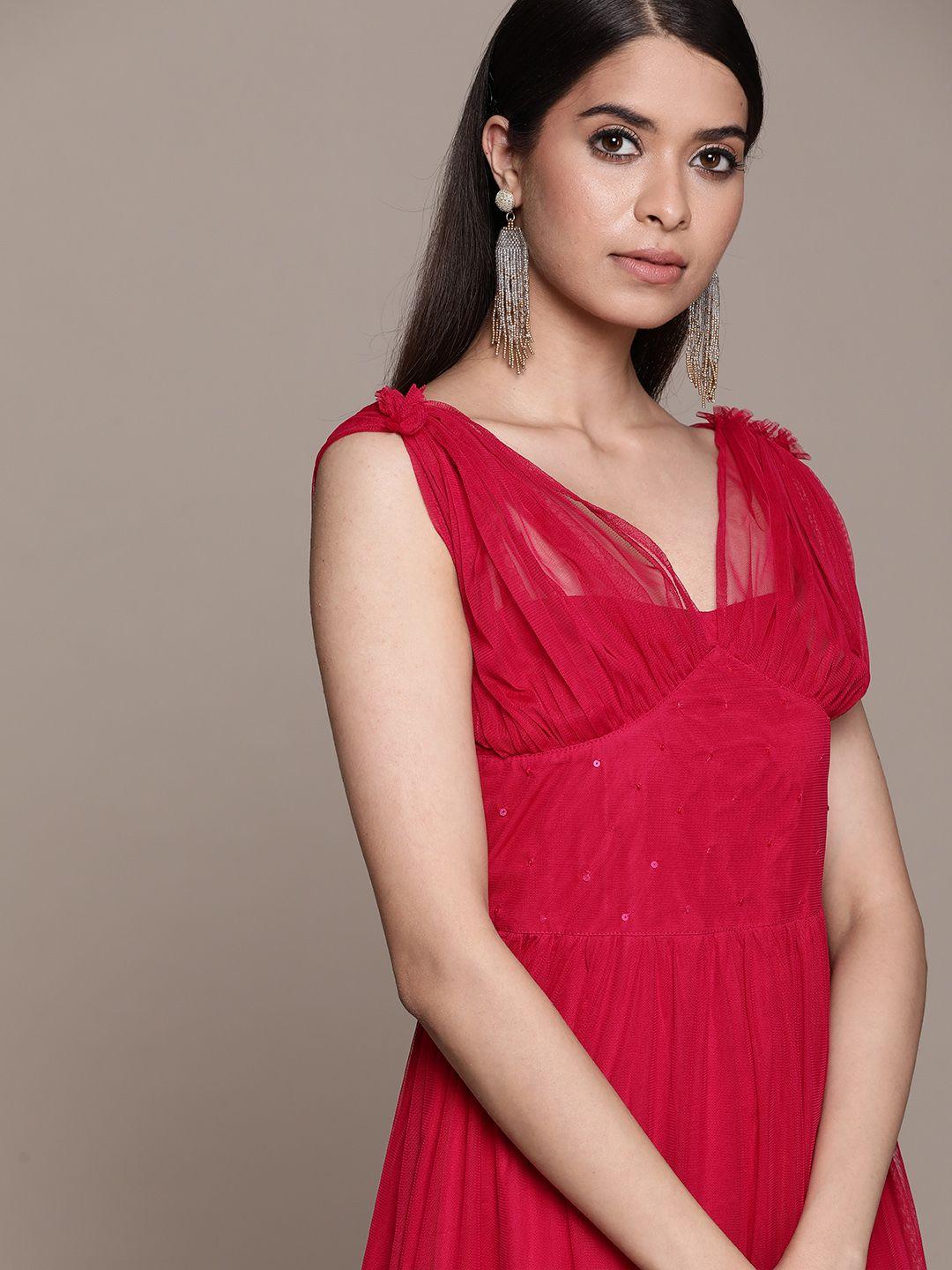 antheaa red ruched embellished net maxi dress