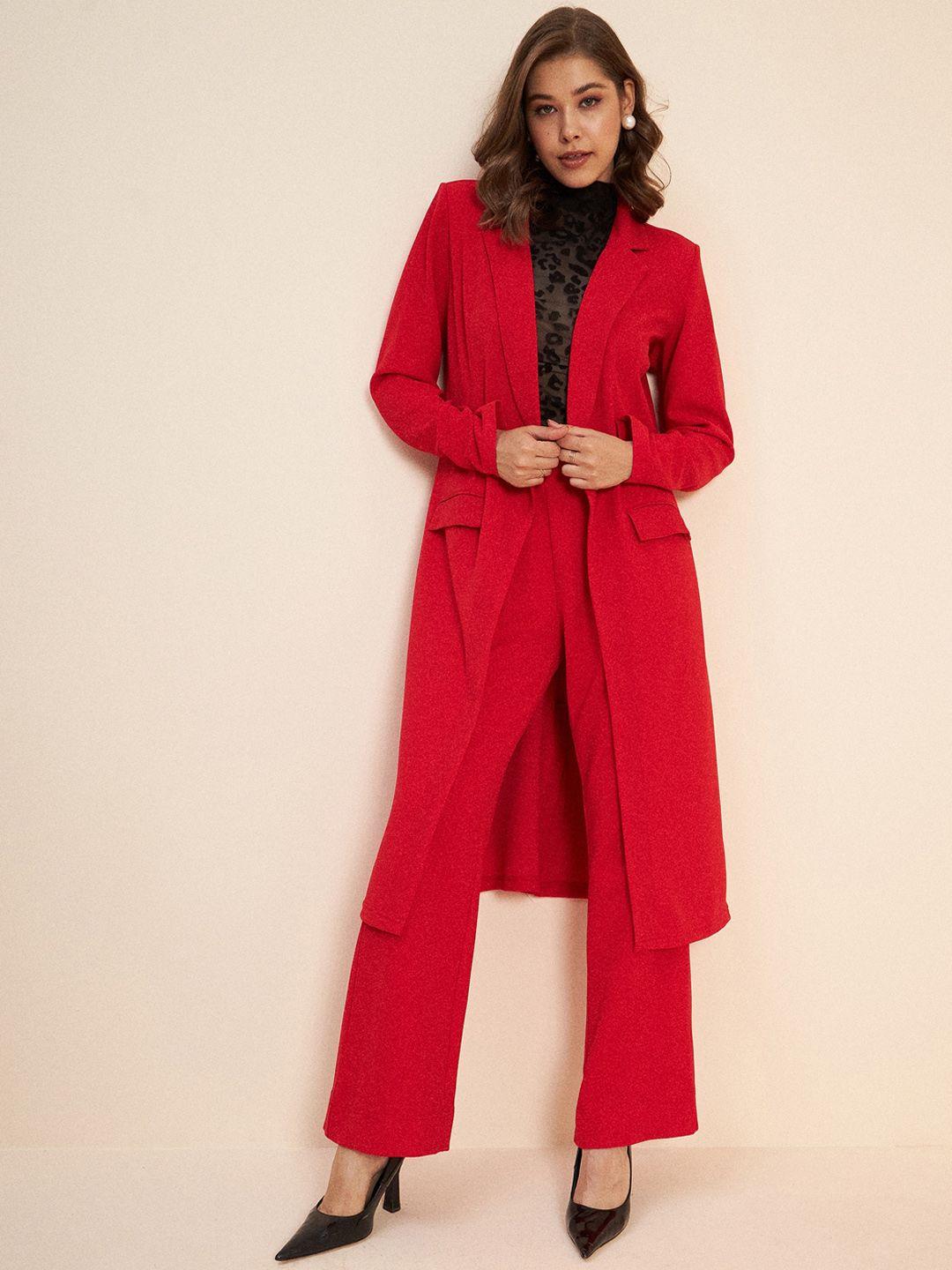 antheaa red shawl neck long line coat & trousers co-ords set