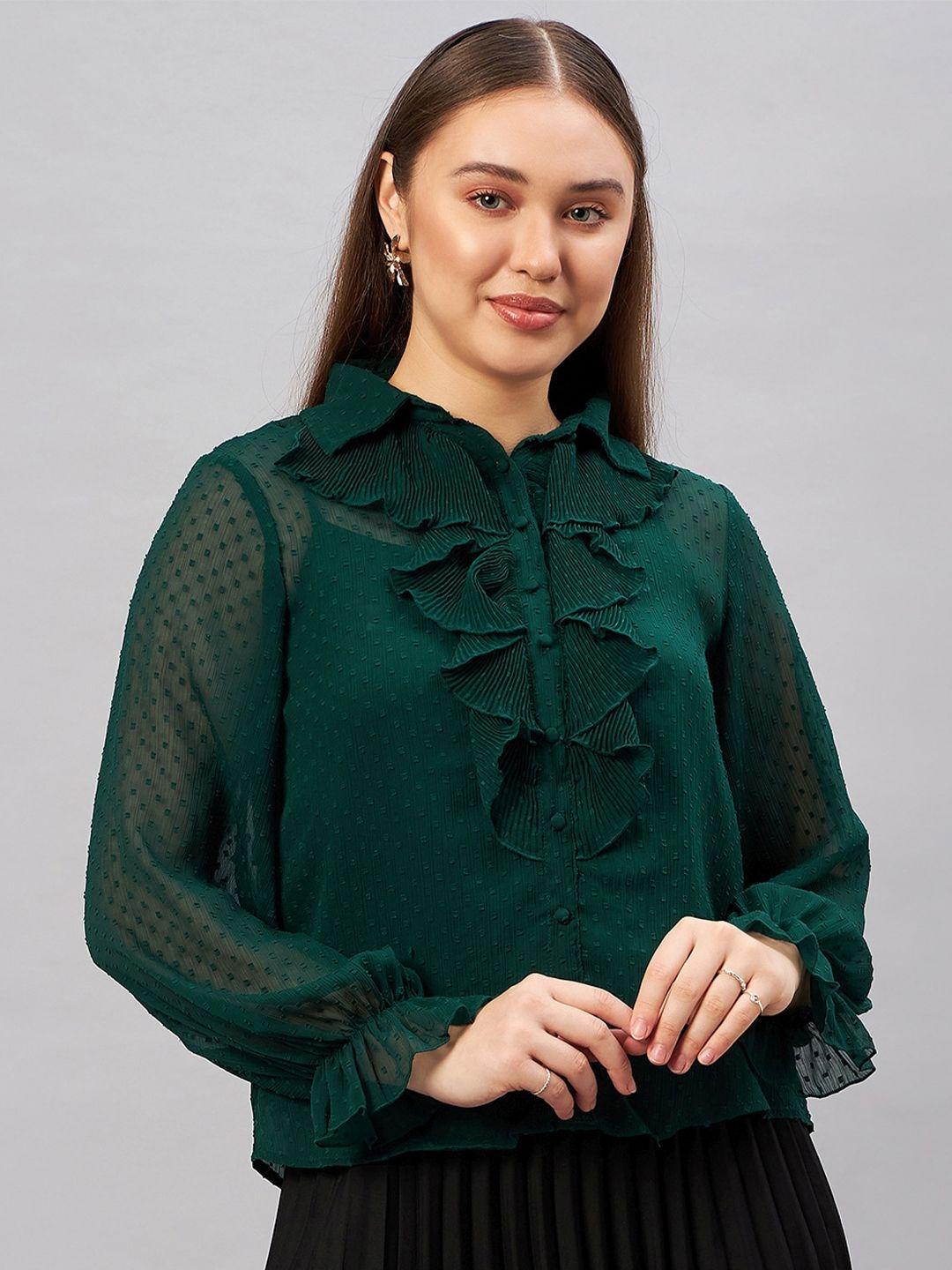 antheaa self design ruffled chiffon shirt style top