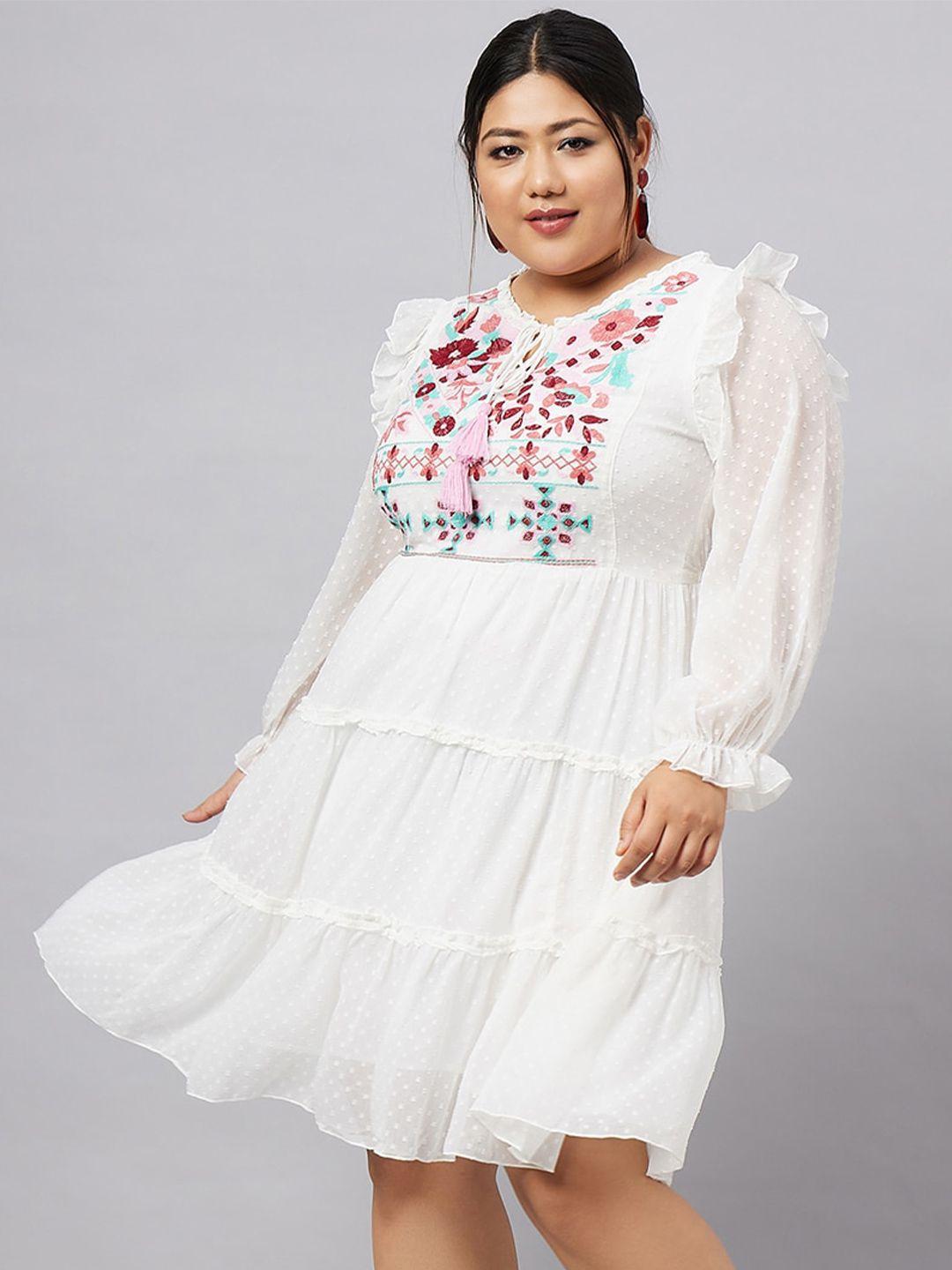 antheaa self design tie-up neck puff sleeve floral embroidered tiered a-line dress