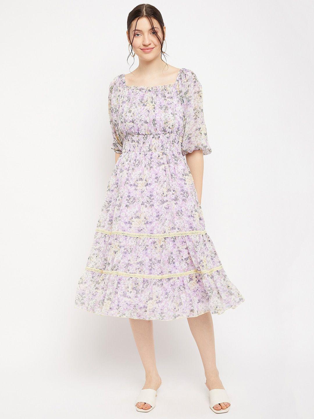 antheaa square neck floral printed tiered chiffon fit & flare midi dress