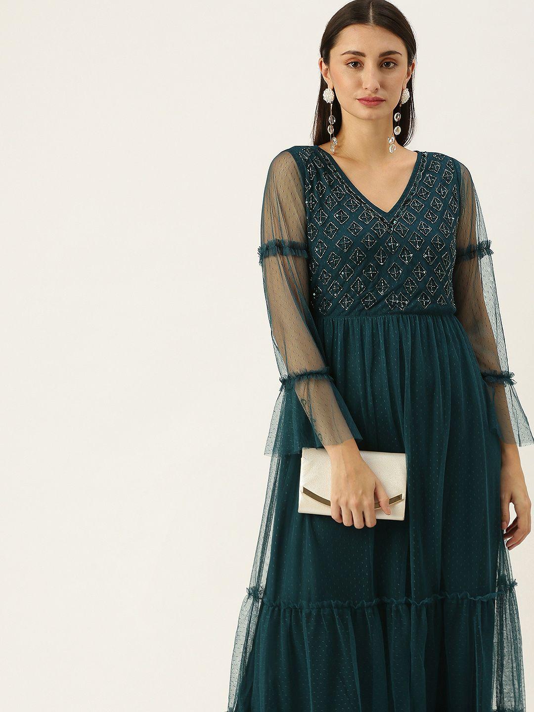 antheaa teal blue embellished net maxi dress