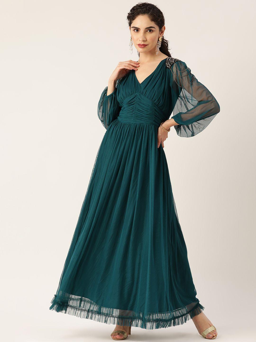 antheaa teal green net ruched ethnic maxi dress