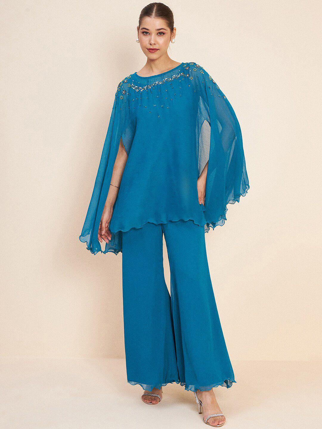 antheaa teal round neck embellished co-ords