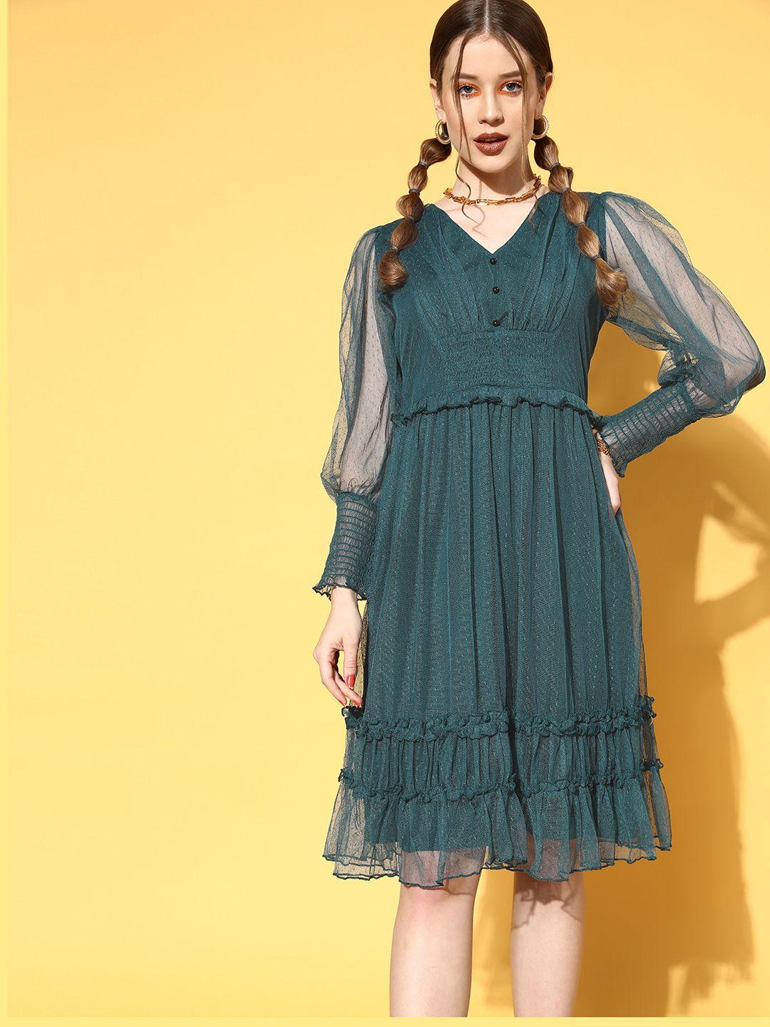 antheaa tranquil teal self-design sheer dress