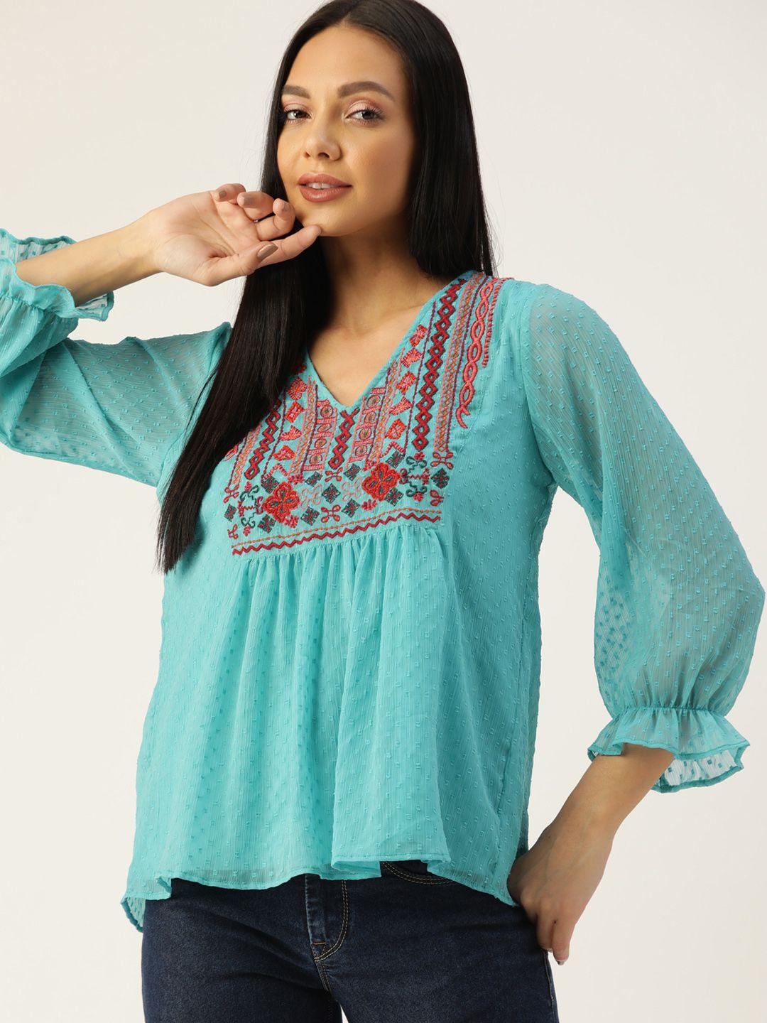 antheaa turquoise blue & red embroidered dobby weave puff sleeves top