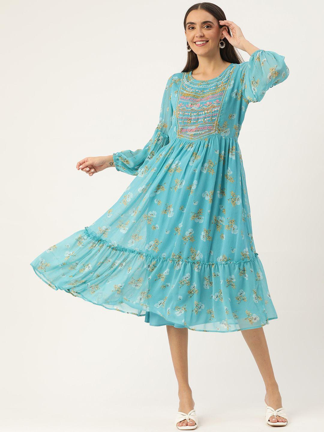 antheaa turquoise blue floral embroidered detail tiered dress