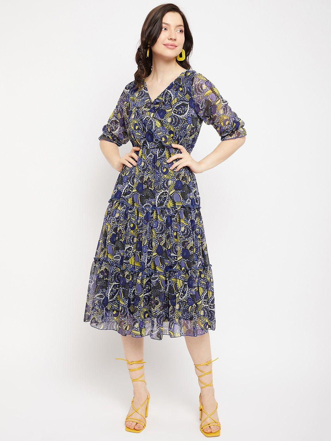 antheaa v-neck floral printed tiered chiffon fit & flare midi dress