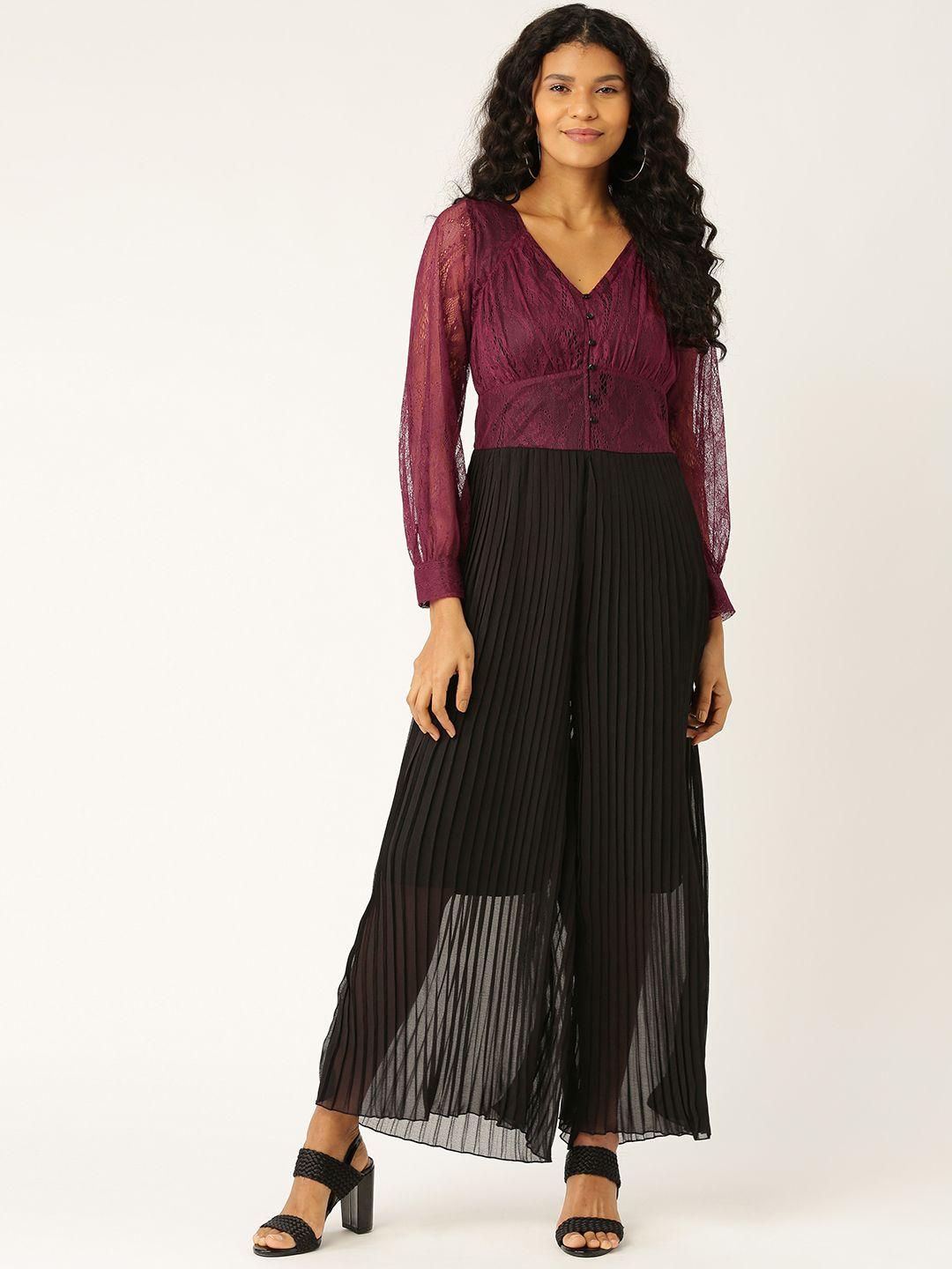 antheaa women black & burgundy solid accordion pleated basic jumpsuit