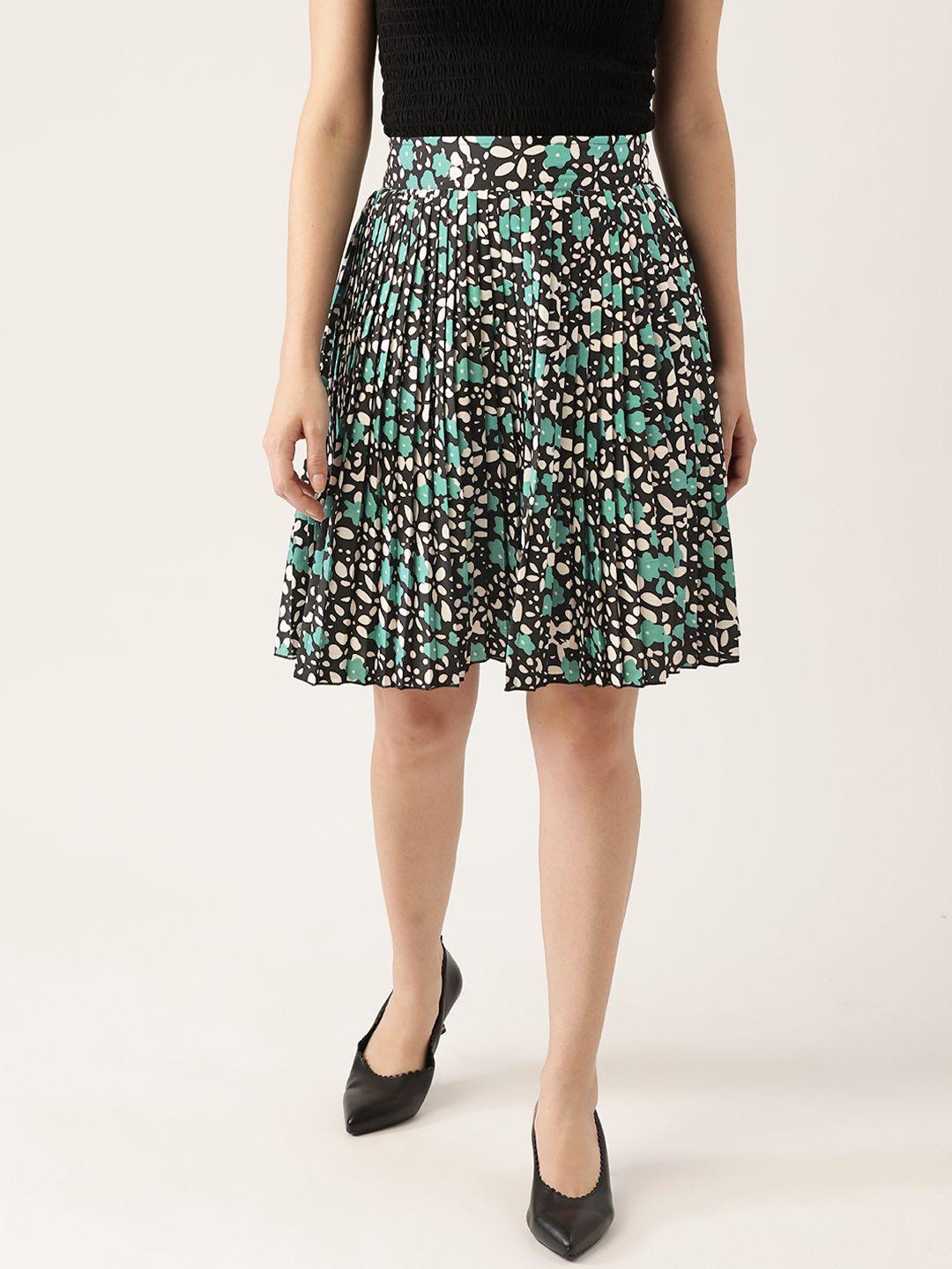 antheaa women black & green abstract printed accordian pleated a-line skirt