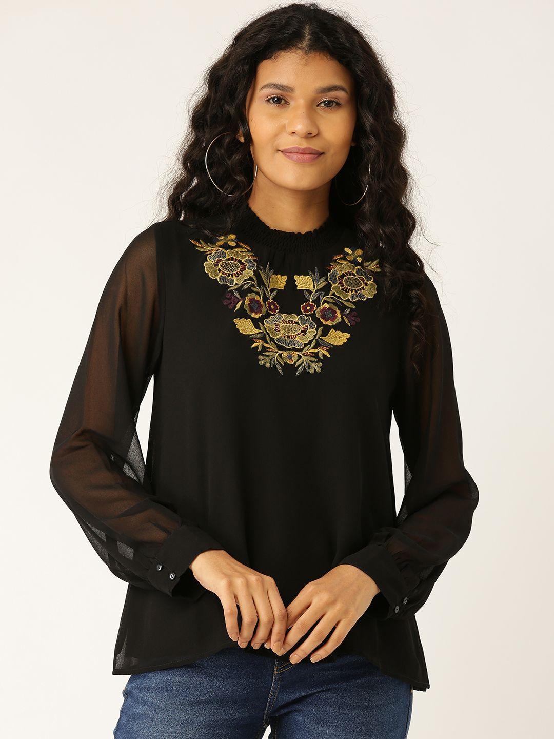 antheaa women black & green embroidered top