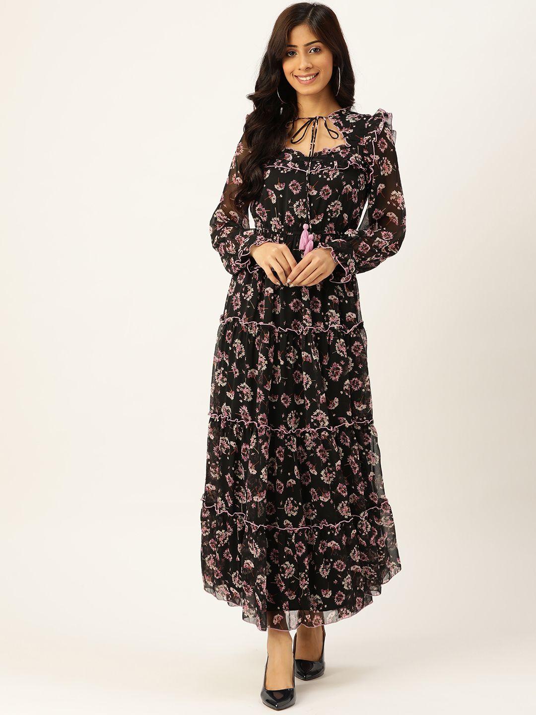 antheaa women black & lavender floral tie-up neck maxi dress