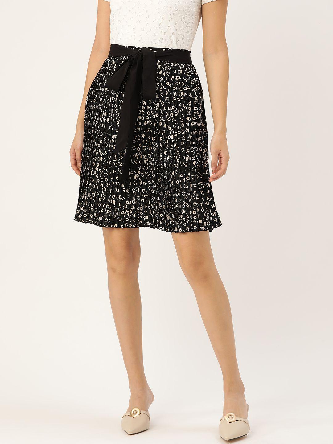 antheaa women black & off-white printed accordian pleated a-line skirt