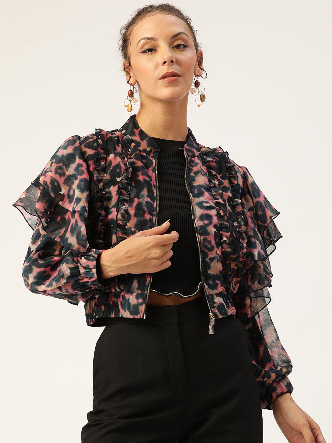 antheaa women black & pink animal print ruffled jacket