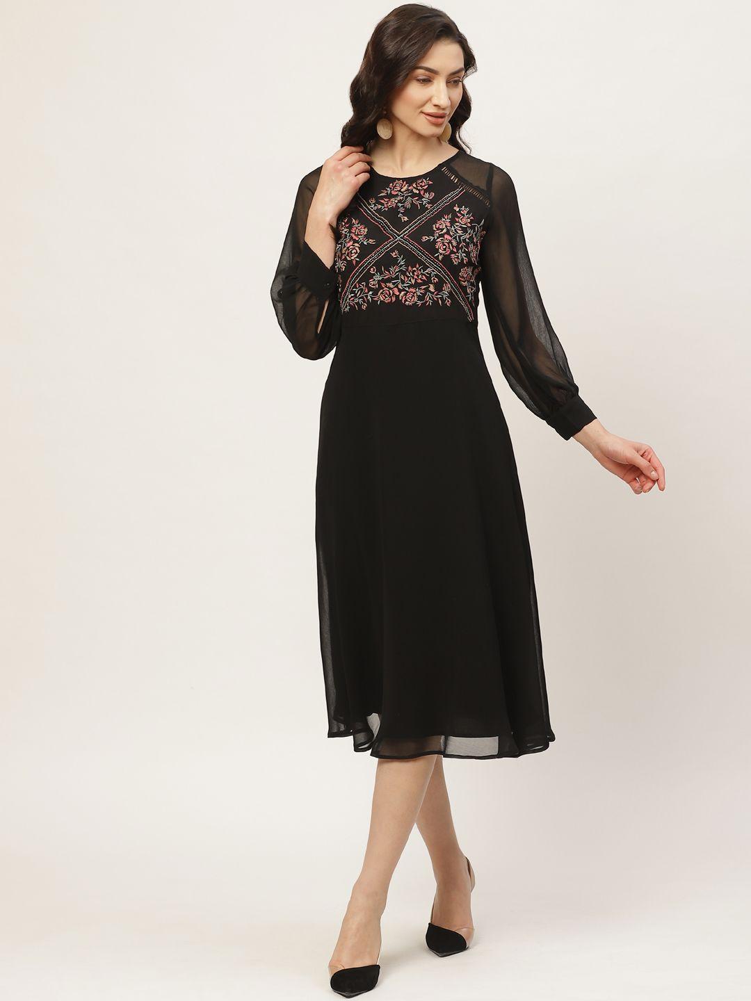 antheaa women black & pink floral embroidered & embellished a-line dress