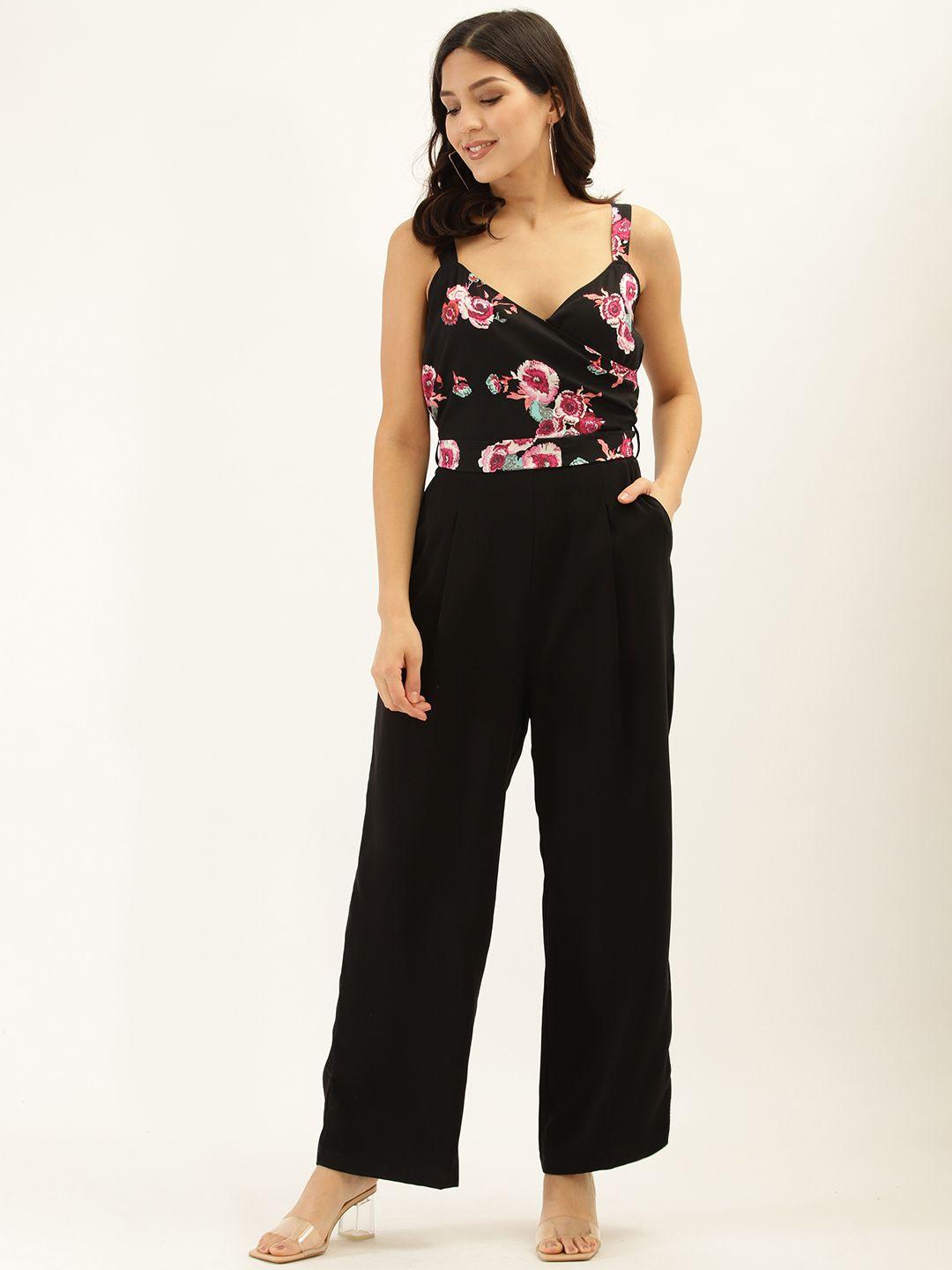 antheaa women black & pink floral printed basic jumpsuit