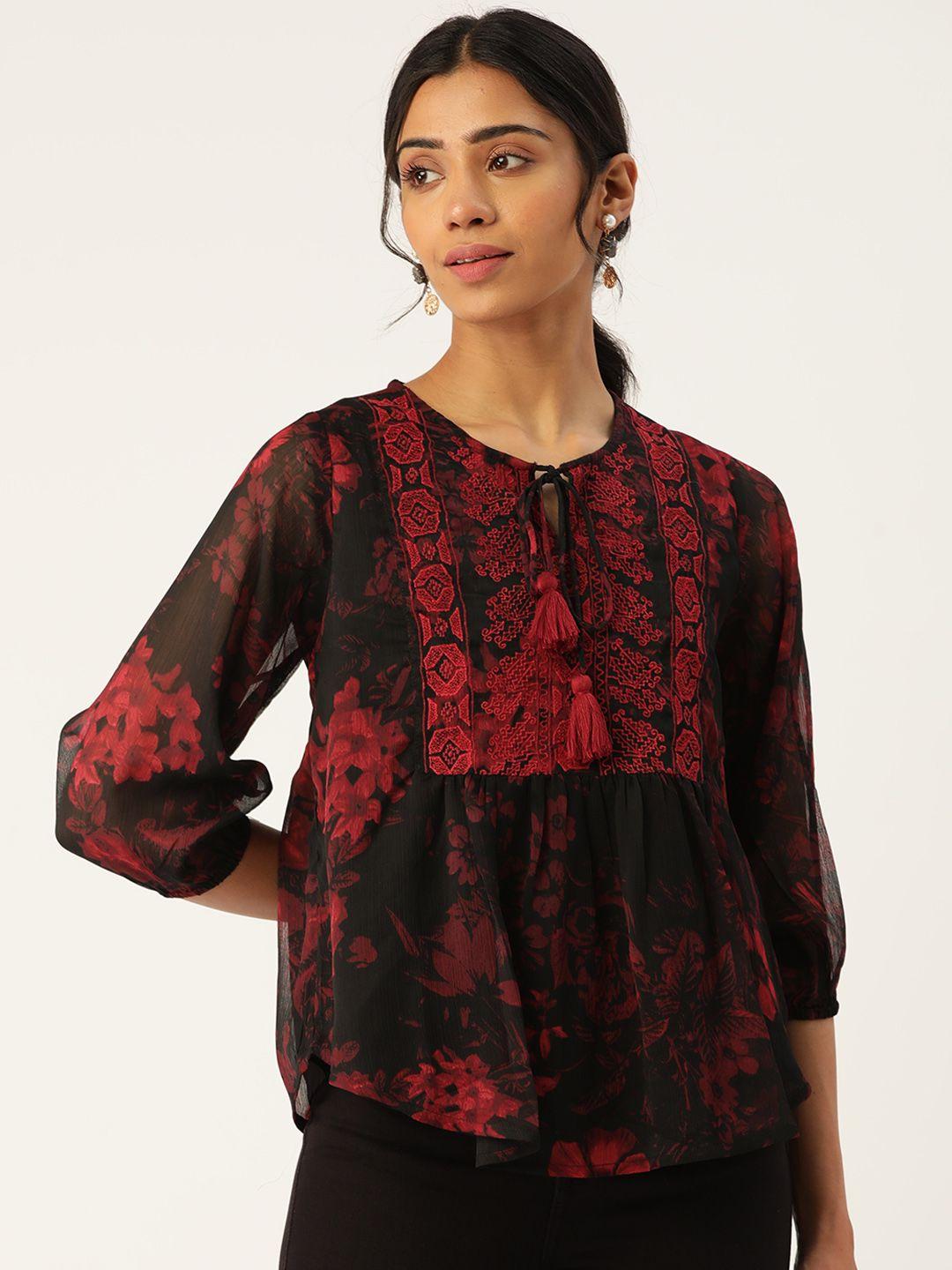 antheaa women black & red floral print tie-up neck top