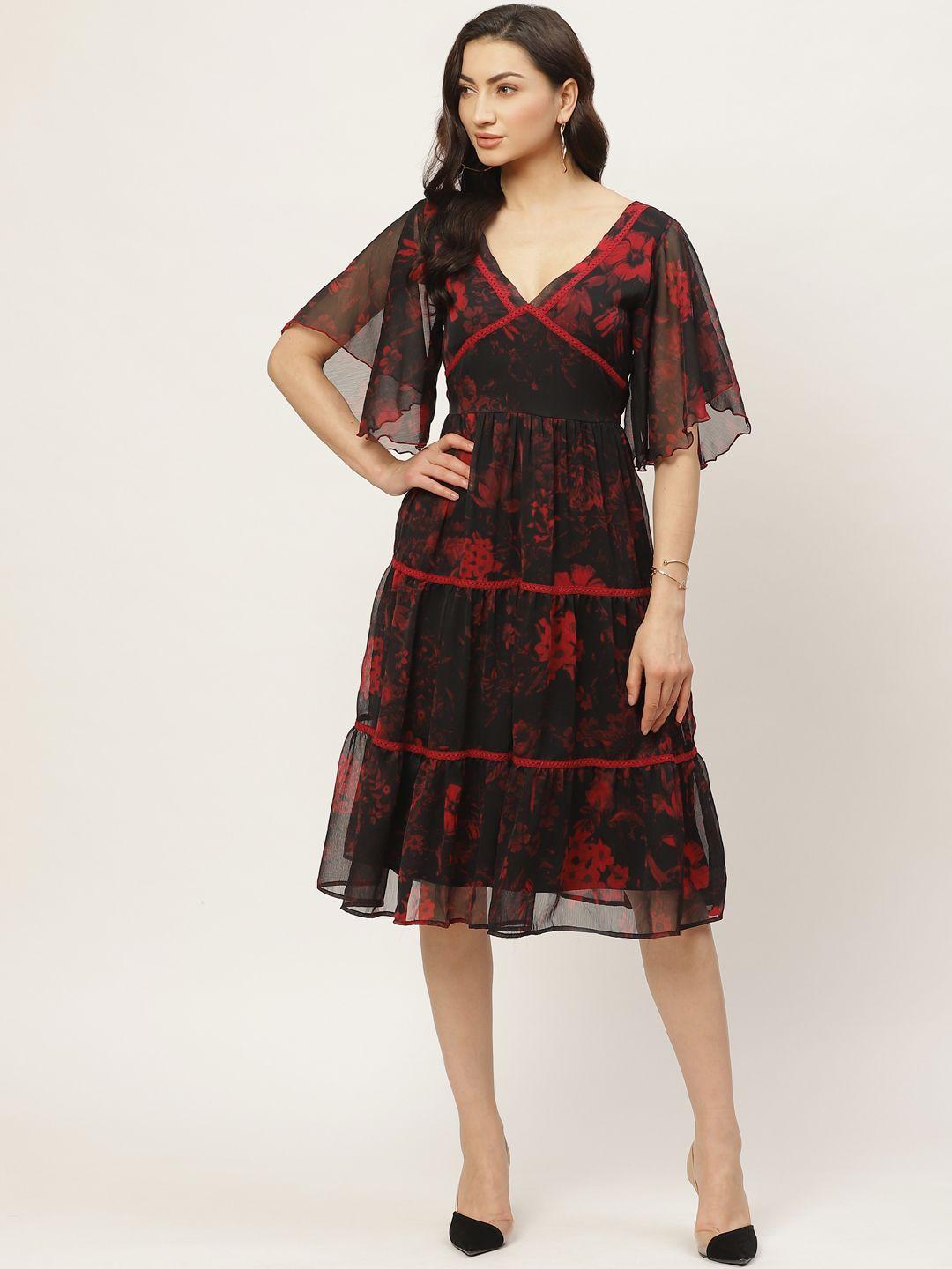 antheaa women black & red floral print tiered a-line dress