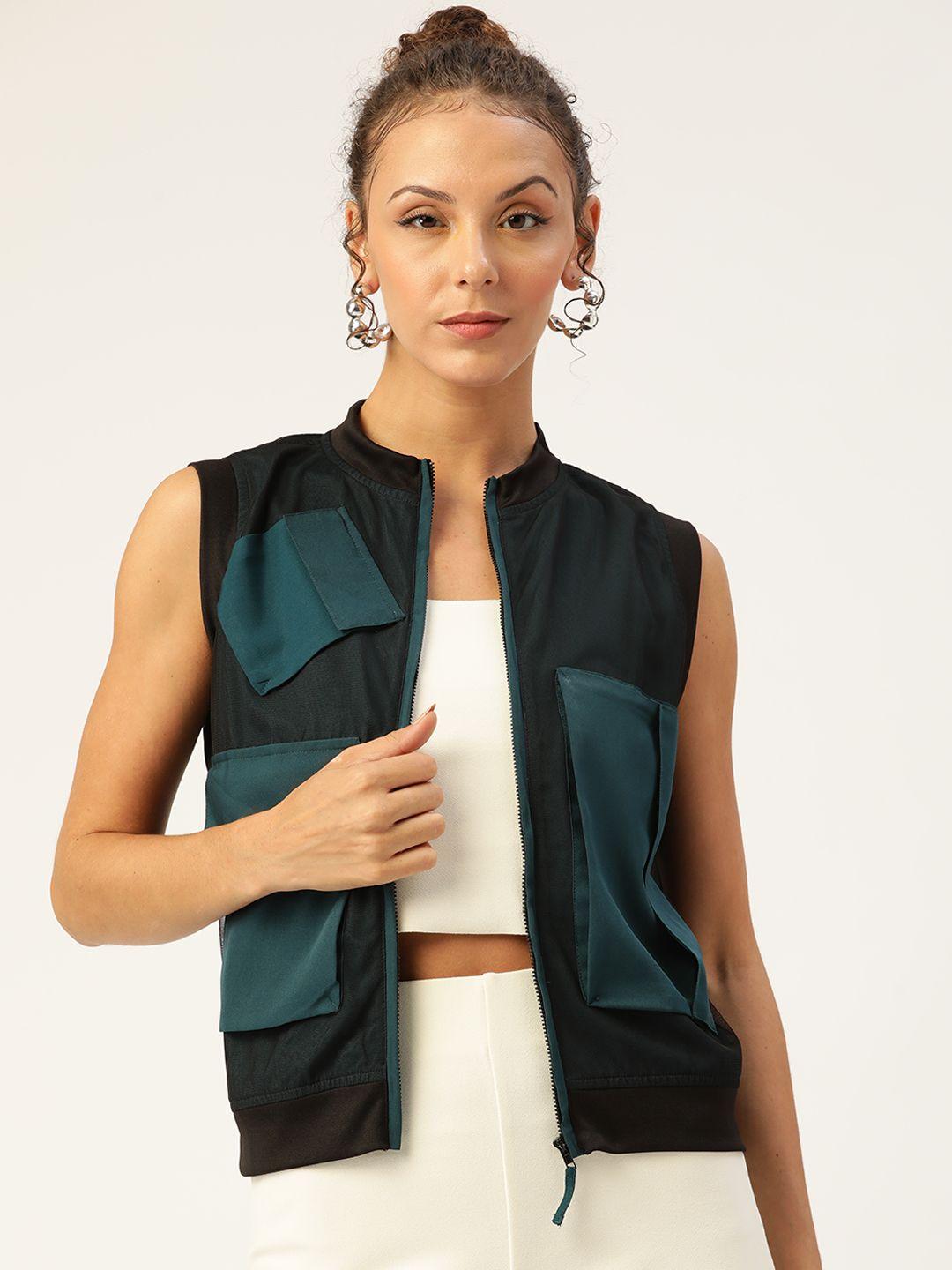 antheaa women black & teal green colourblocked jacket