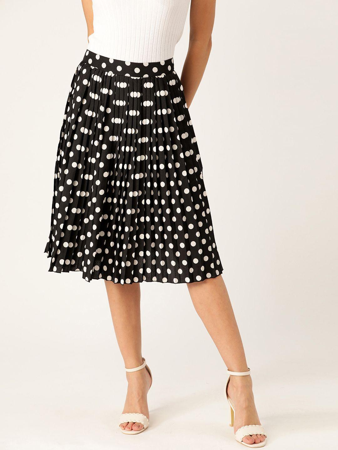 antheaa women black & white polka dots printed accordion pleated a-line skirt