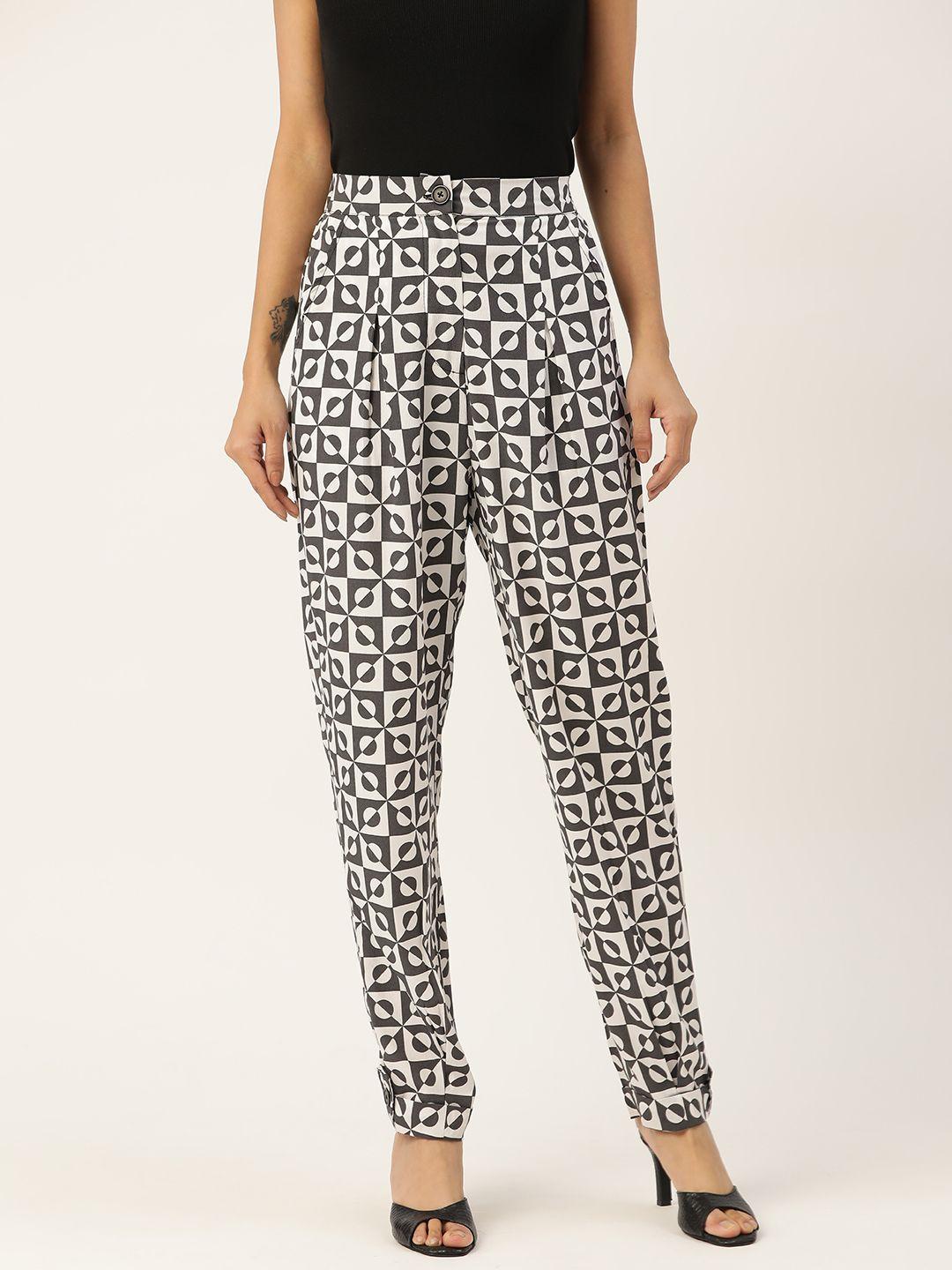 antheaa women black & white printed comfort loose fit high-rise trousers