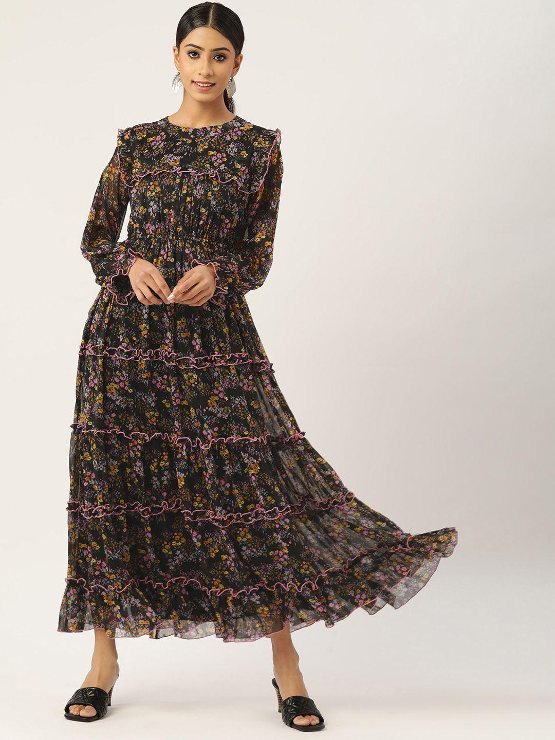 antheaa women black & yellow floral tiered maxi dress