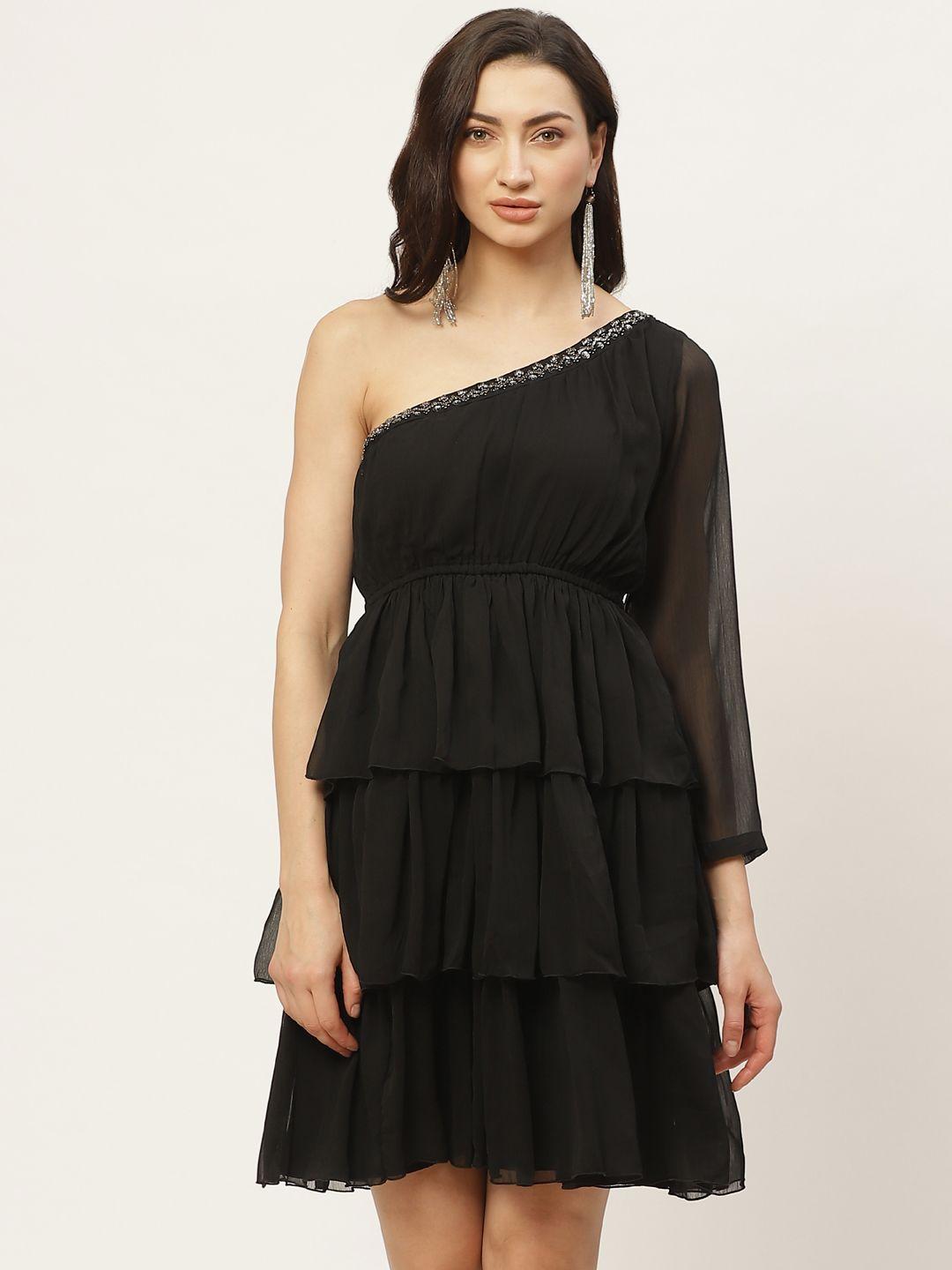 antheaa women black embellished layered one-shoulder fit and flare  dress