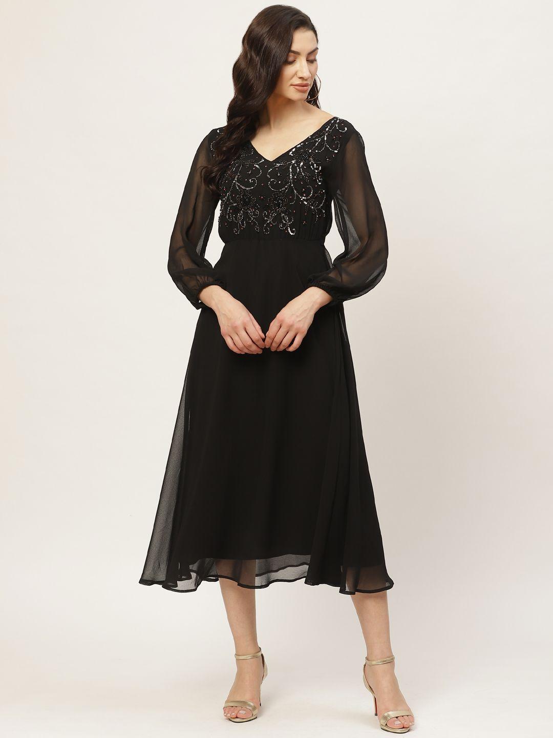 antheaa women black embellished midi fit and flare dress