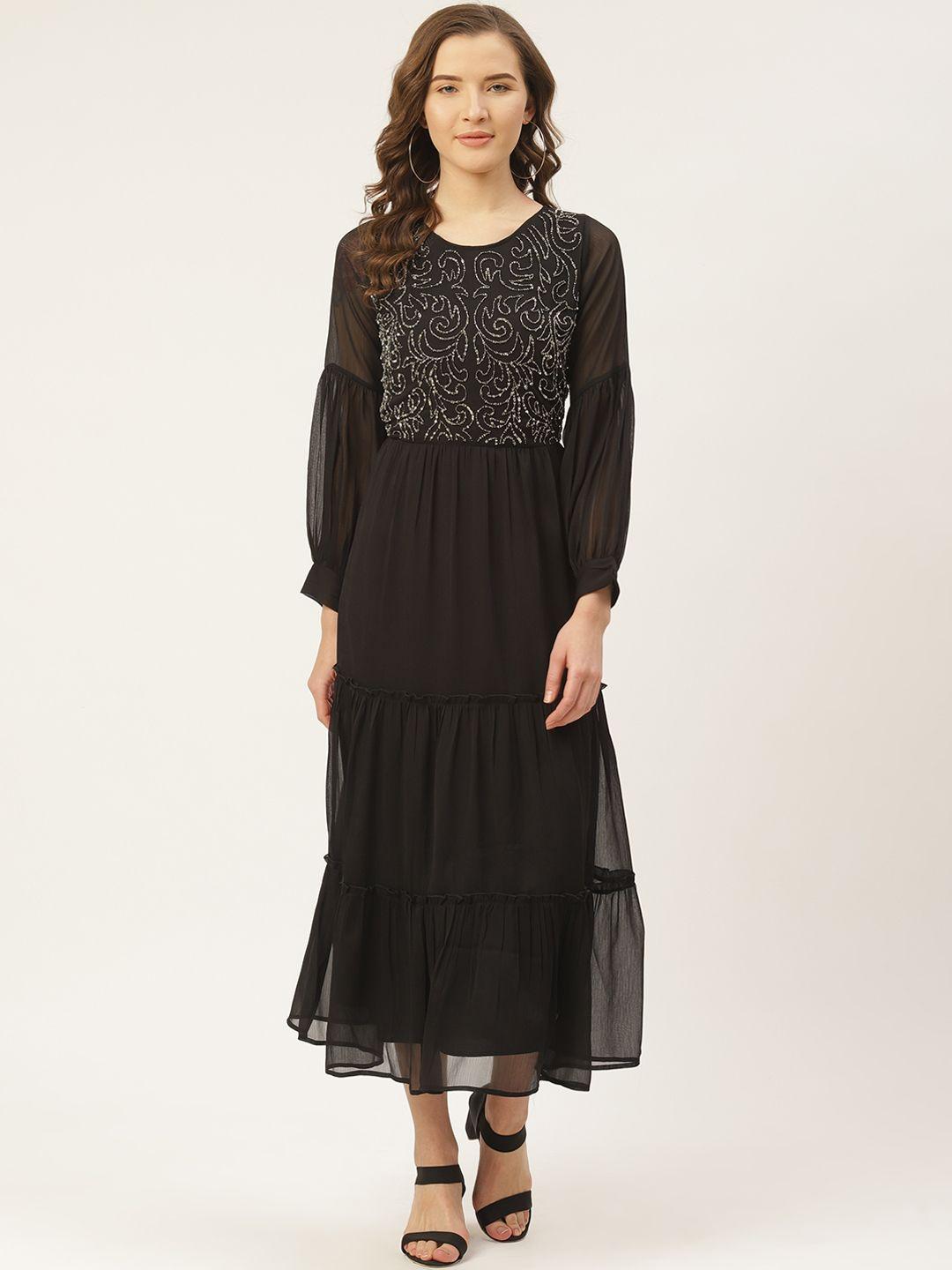 antheaa women black embellished tiered net maxi dress