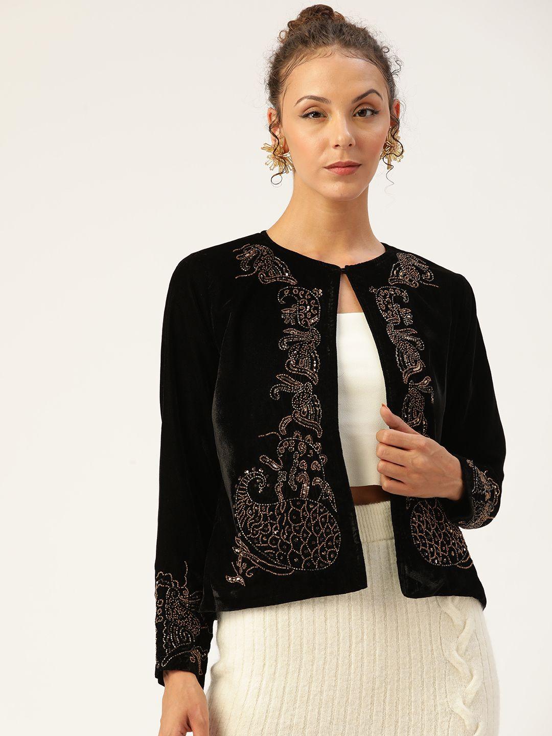 antheaa women black embroidered velvet finish open front jacket