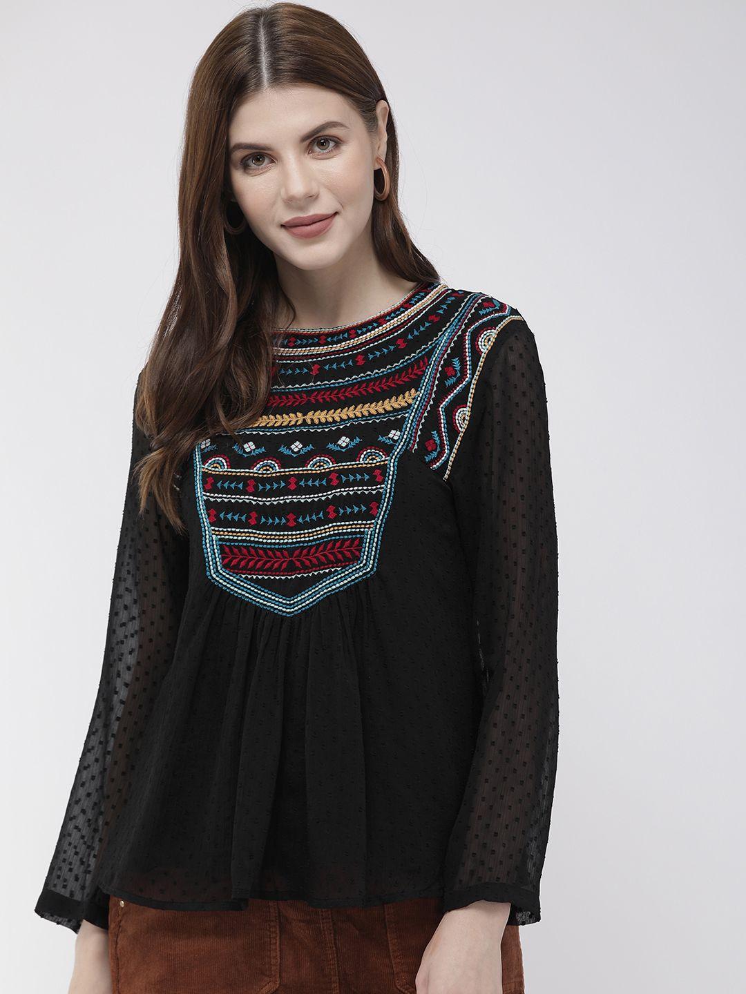 antheaa women black self design a-line embroidered top